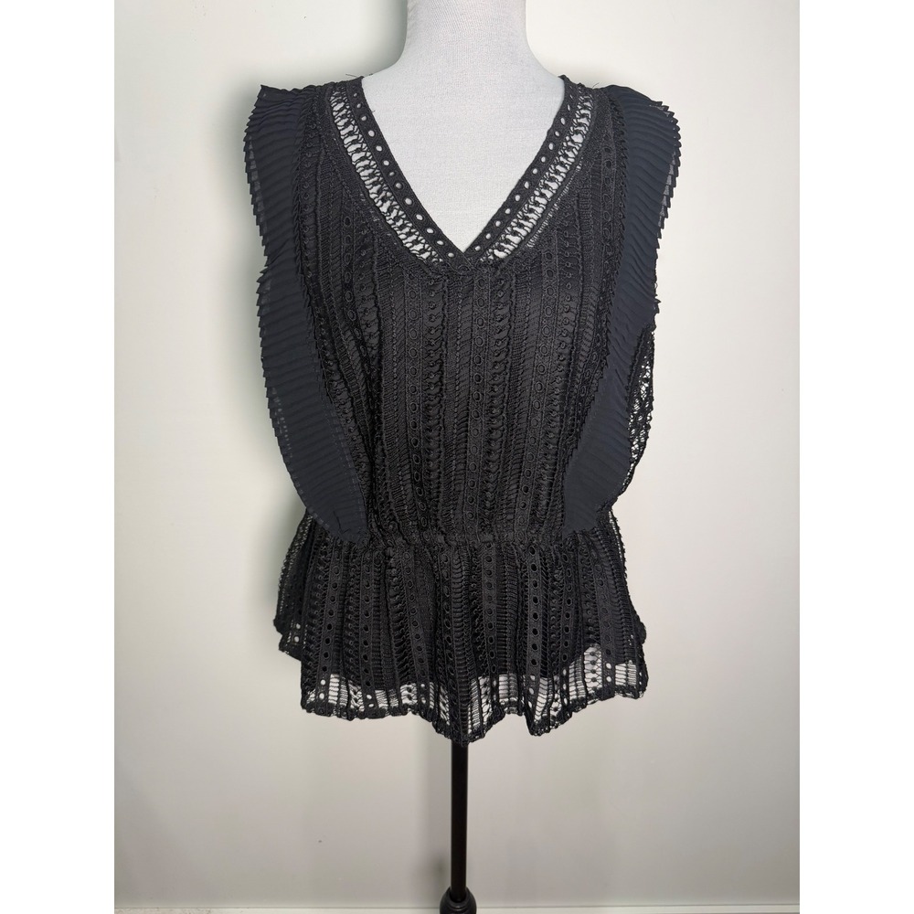 Calligraphie Womens Black Lace Peplum V-Neck Sleeveless Top Large SP23M-1490‎